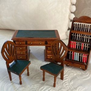 Sophisticated dollhouse office set including miniature wood desk with 9 drawers